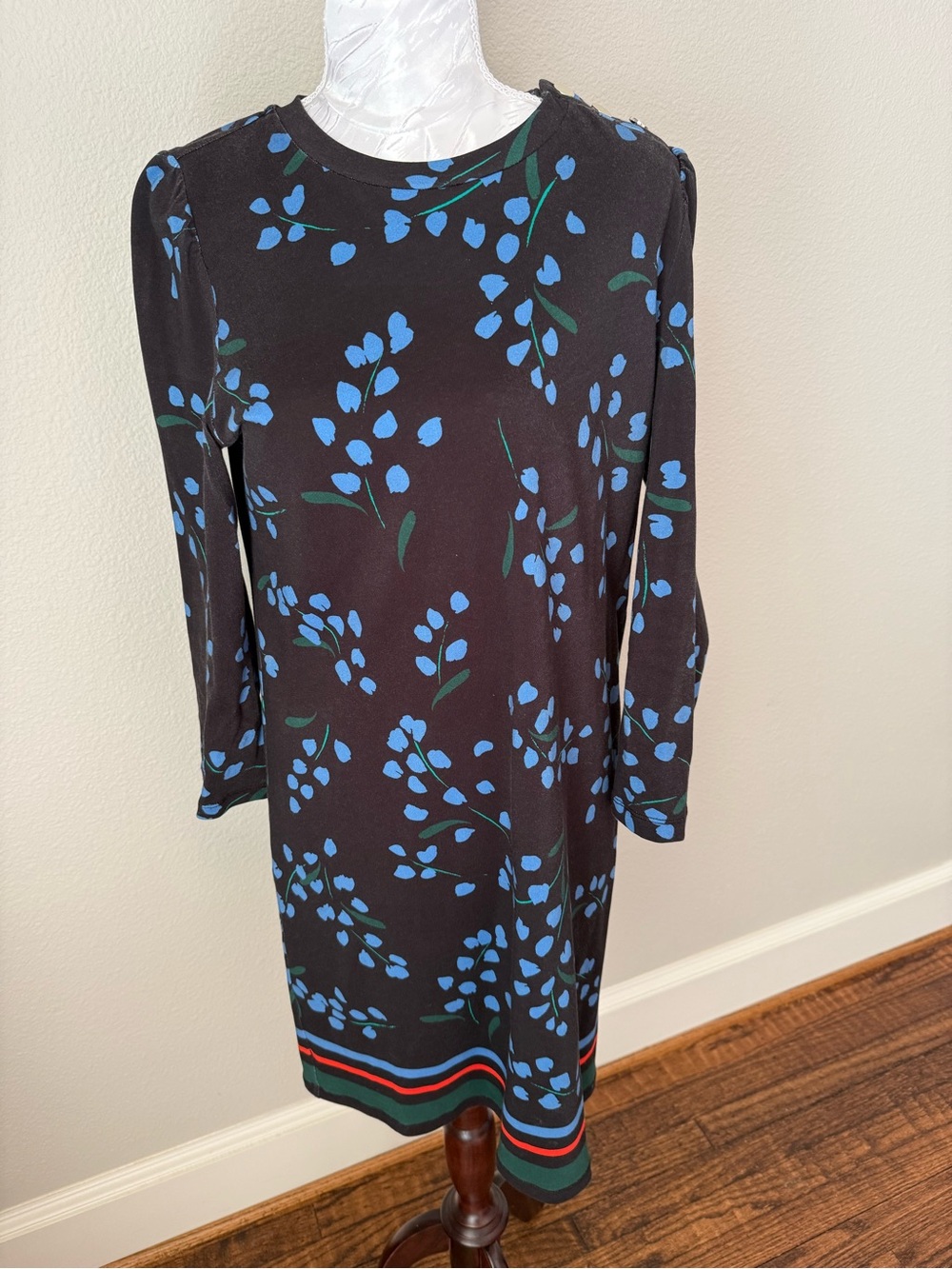kate spade Black Long-Sleeve Shift Dress with Blue Floral Print